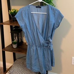 Denim romper - wrapover with tie belt